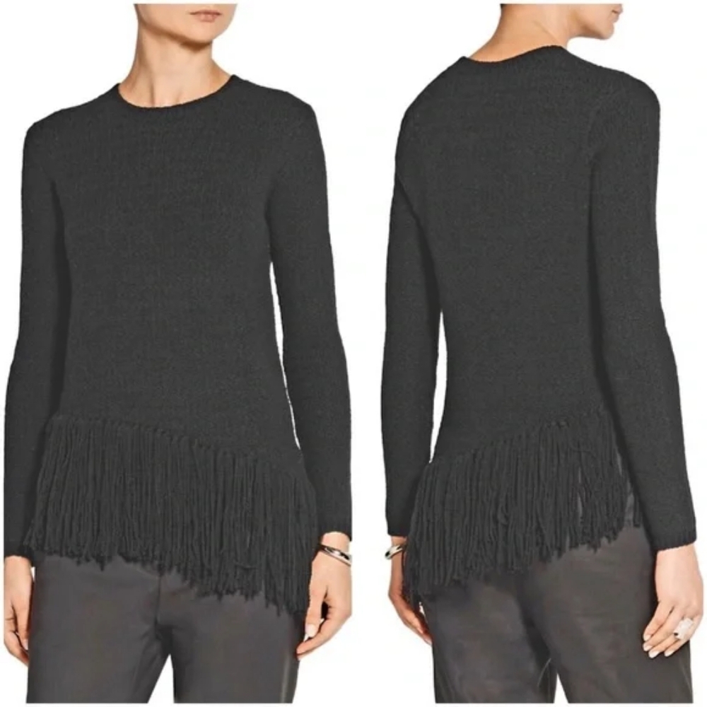 Theory Hudina Sweater Asymmetrical Fringe Hem Merino Wool Black Medium M